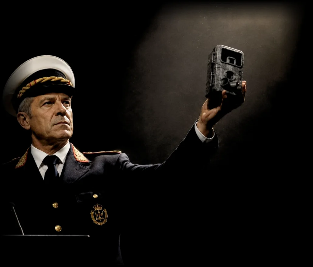 Comandante di Polizia Locale che solleva una fototrappola per la videosorveglianza mobile
